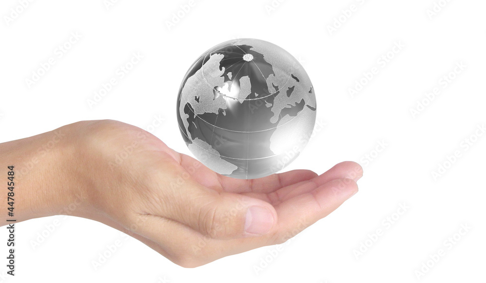 Glass globe in hand,Energy saving concept, image furnished by NASA Glass globe in hand,Energy saving concept, image furnished by NASA