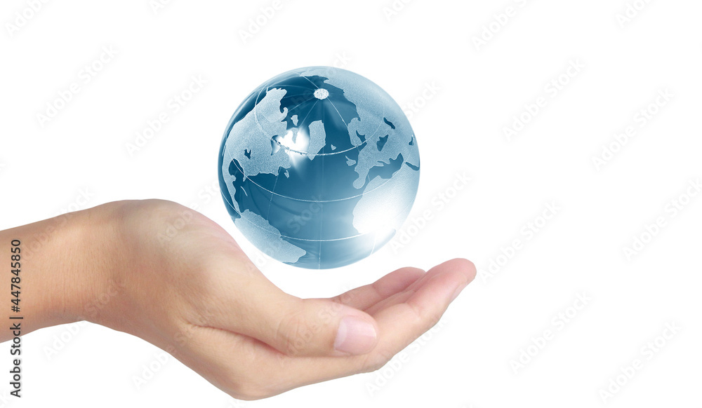 Glass globe in hand,Energy saving concept, image furnished by NASA Glass globe in hand,Energy saving concept, image furnished by NASA