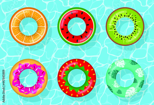 Inflatable swimming rings set looking like orange, watermelon, kiwi, donut, strawberry and tropical on water pool, Rubber float lifesaver ring, buoy children beach summer sea water theme. Vector icon.