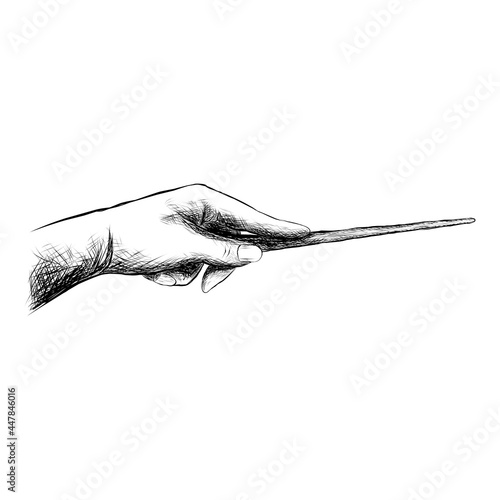 Hand holding a magic wand, black outline illustration isolated on white background, stock vector image, graphics, sketch, vintage