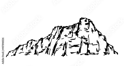 Simple vector drawing in the style of engraving. Mountains, rocky canyon, wilderness. Nature and landscape. Desert area.