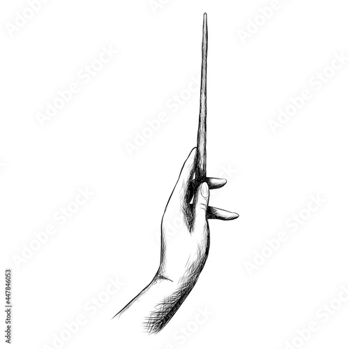 Hand holding a magic wand, black outline illustration isolated on white background, stock vector image, graphics, sketch, vintage