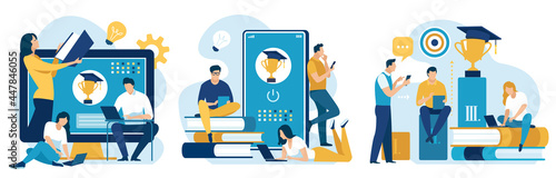 Three vector illustrations on the topic: distance education, e-learning.
