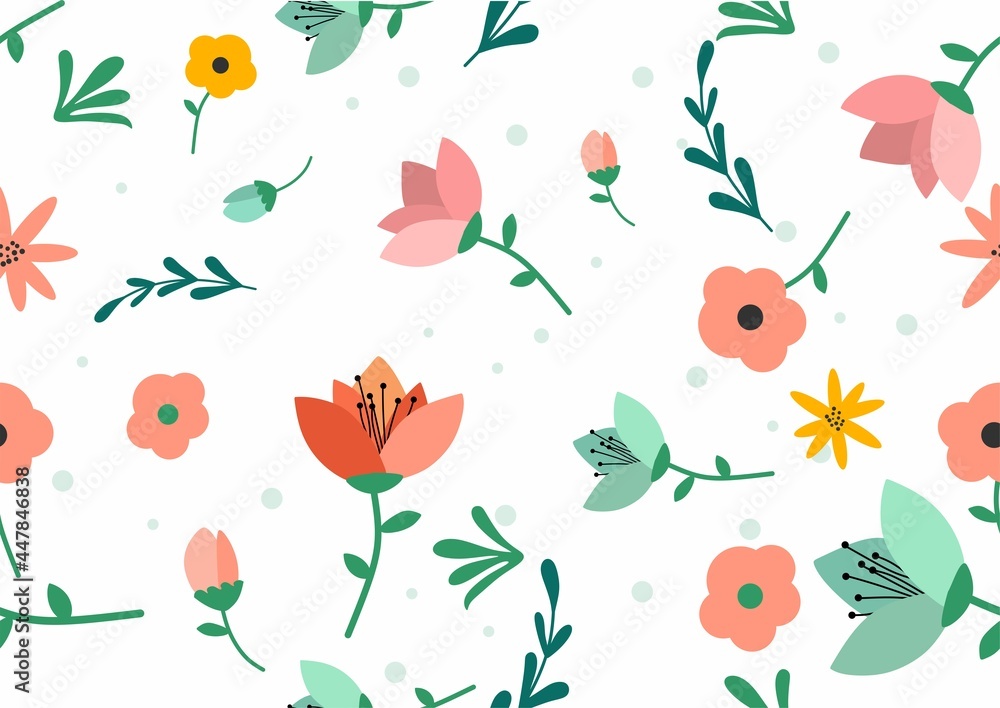 Fototapeta premium Vector flat design floral pattern, delicate flowers, yellow, blue and pink flowers, greeting card template