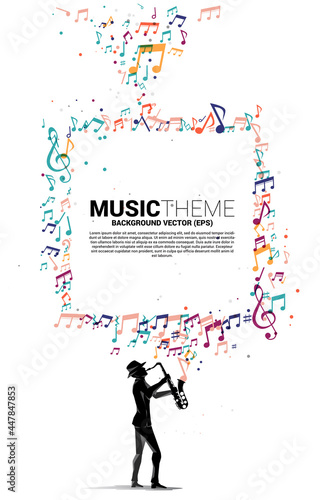Vector music melody note flow with man and saxophone. Concept background for jazz song and concert theme.