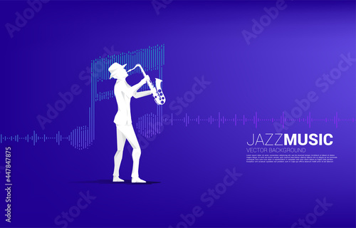 Vector silhouette of saxophonist with music note icon Sound wave Equalizer background. Concept background for jazz song and concert theme.