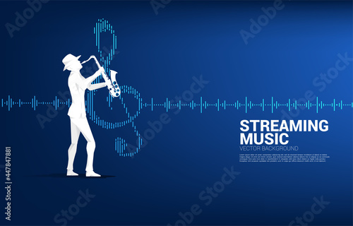 Vector silhouette of saxophonist with music note icon Sound wave Equalizer background. Concept background for jazz song and concert theme.