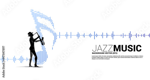 Vector silhouette of saxophonist with music note icon Sound wave Equalizer background. Concept background for jazz song and concert theme.