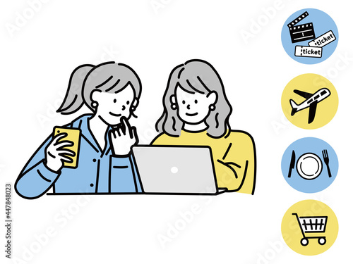 オンラインサービスを利用する友達、カップルのイラスト(買い物、食事、旅行、チケット、キャッシュレス、プラン、検索) On-line Shopping and Network. Vector Illustration. Shopping, food, travel, tickets, cashless, plans, search,
