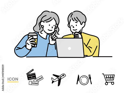 オンラインサービスを利用する友達、カップルのイラスト(買い物、食事、旅行、チケット、キャッシュレス、プラン、検索) On-line Shopping and Network. Vector Illustration. Shopping, food, travel, tickets, cashless, plans, search,