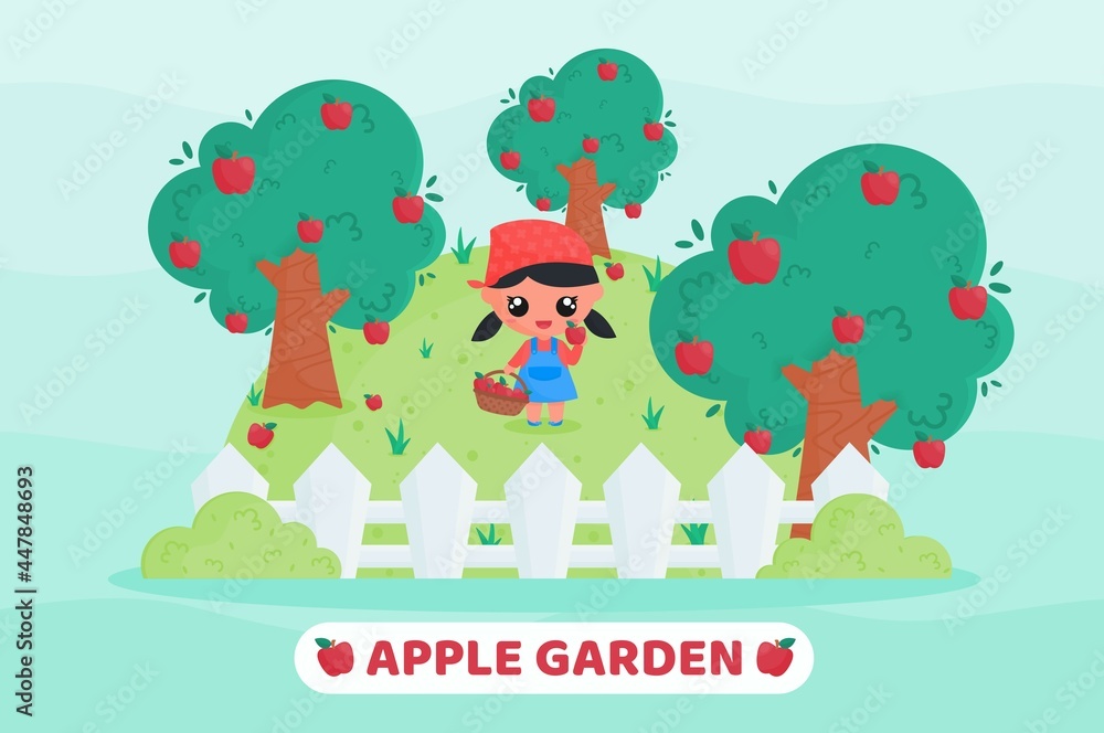 Naklejka premium Cute little girl harvesting fruit in apple garden. cartoon illustration.