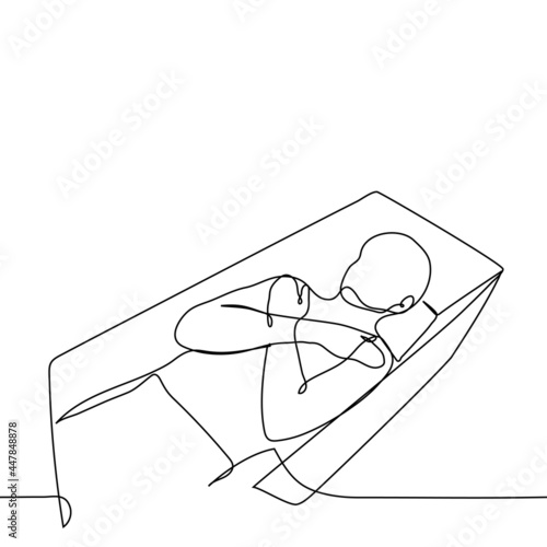 man lies in an open coffin with crossed arms on his chest - one line drawing. death concept, funeral service, vampire sleeping in a coffin