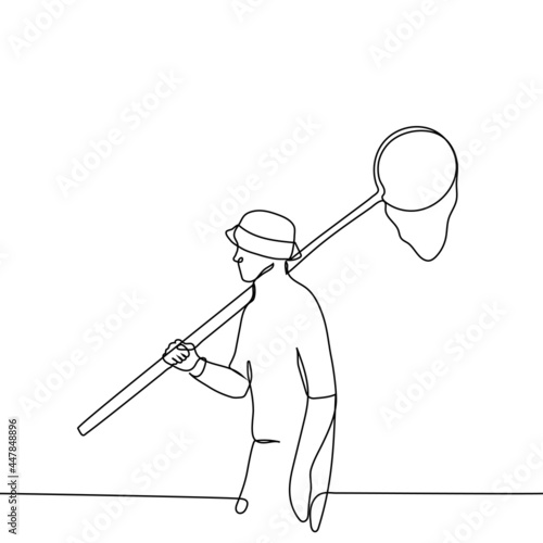man in a panama hat with a butterfly net behind his back is walking - one line drawing. butterfly collector goes hunting