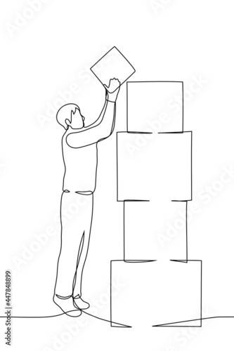 man reaches up to place a box on top of a stack of boxes - one line drawing. internet order packaging concept, big stack of gifts