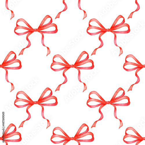 Watercolor illustration of red ribbons pattern. Seamless repeating holiday bow print. Christmas, New Year, birthday, wedding. Isolated on white background. Drawn by hand.