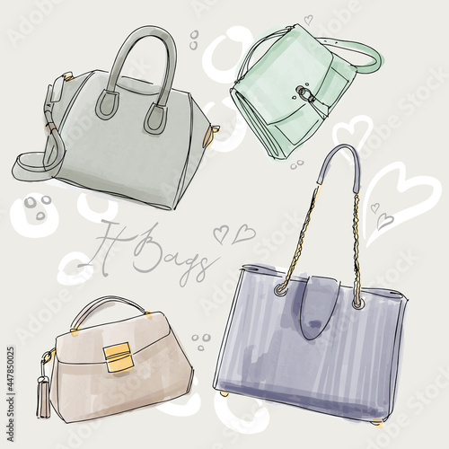 Set of Colorful fashion women's handbags. Vintage style. Hand drawn doodle fashion accessories. Fashion illustration