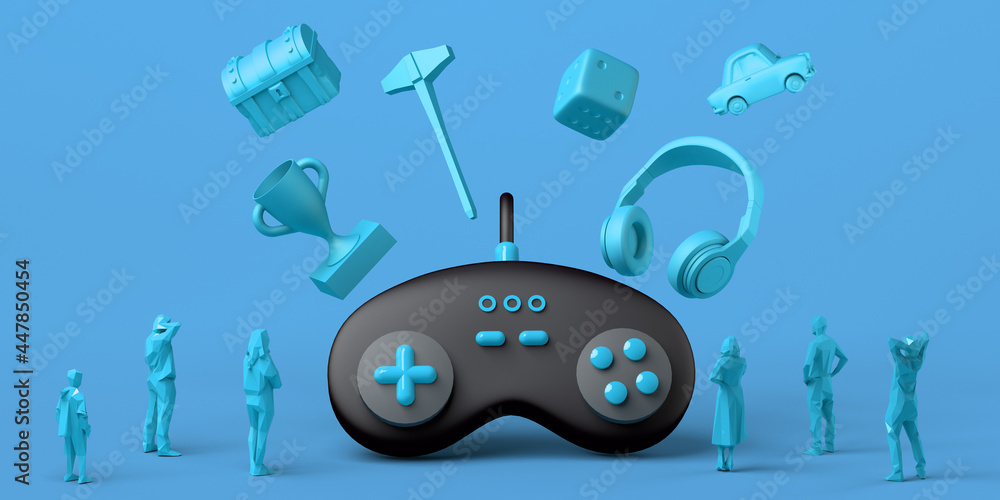 Giant gamepad with headset, dice, chest, and prize floating around, watched by people. Gaming concept. Banner. App.  3D illustration.