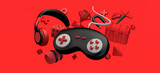 Gaming concept. Floating gamepad with helmets, chest, prize, diamond... Game elements. App. Banner. 3D illustration.