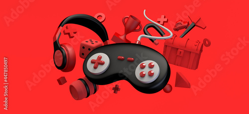 Gaming concept. Floating gamepad with helmets, chest, prize, diamond... Game elements. App. Banner. 3D illustration. photo