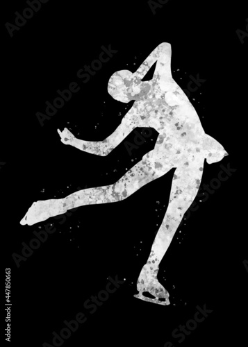Ice Skater girl white black art watercolor, abstract sport painting. black and white sport art print, watercolor illustration artistic, greyscale, decoration wall art.