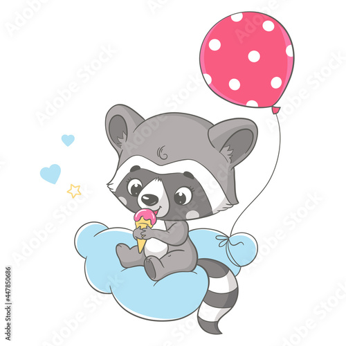 Vector illustration of a cute baby raccoon with red balloon, sitting on a cloud and eating ice cream.