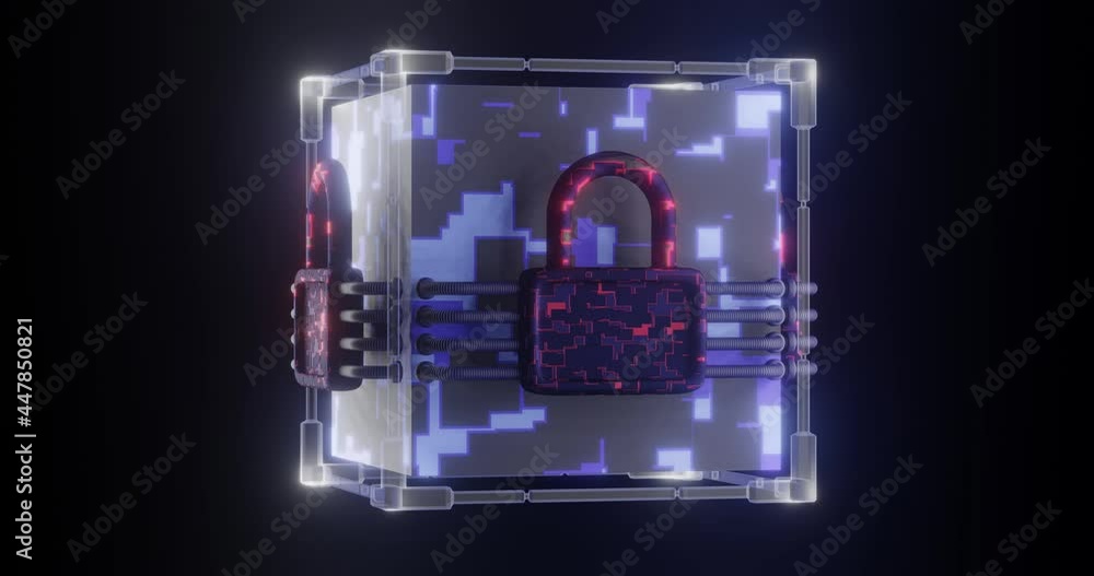 Rotating neon cyber cube with a lock and connected cables. Kuber safety concept. 3d render.