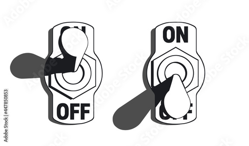 Set of toggle switches turned on and turned off. High contrast black and white vector illustration with shadow isolated on white background