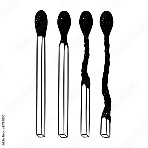 A set of safety matches. A match with coal. Vector black and white illustration in doodle outline style on a white background.