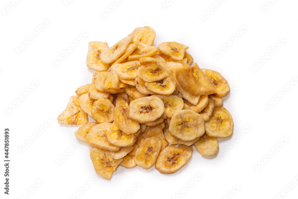 Banana chips isolated on a white background. Dehydrated banana.