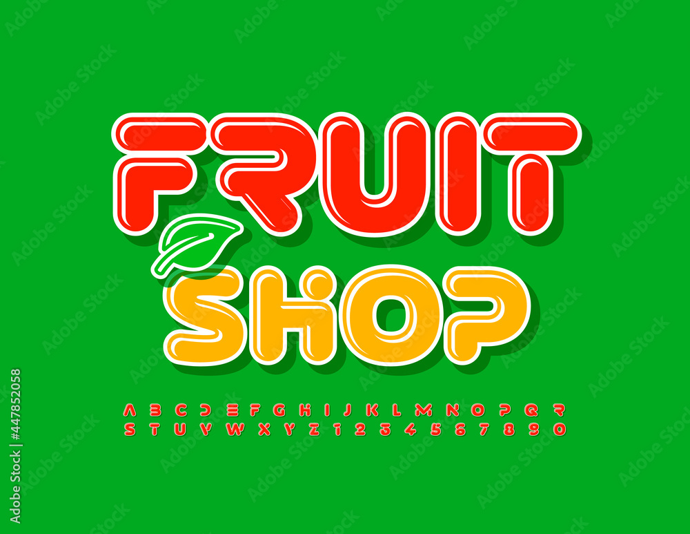 Naklejka premium Vector business sign Fruit Shop with Decorative Leaf. Red shiny Font. Abstract Alphabet Letters and Numbers set