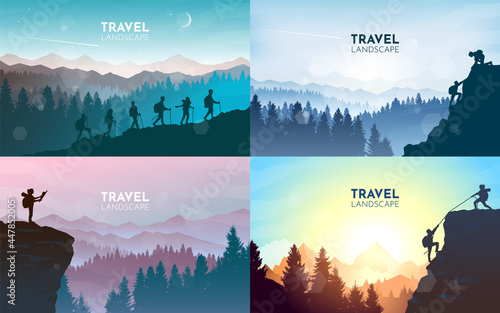 Man watches nature, climbing to top, friends going hike, support of friends. Landscapes set. Travel concept of discovering, exploring, observing nature. Hiking. Adventure tourism. Vector illustration