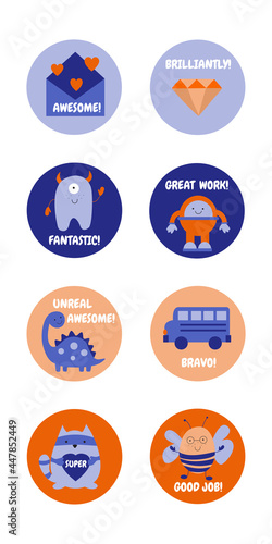 School insignia that teachers can use. Award stickers of cute symbols and motivational slogans for pupils, kids.