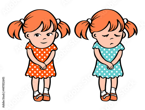 Little sad and smile girls in a dress. Stands with an unhappy and happy face. Guilt. Vector cartoon isolated illustration hand drawn