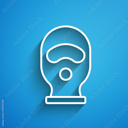 White line Balaclava icon isolated on blue background. A piece of clothing for winter sports or a mask for a criminal or a thief. Long shadow. Vector