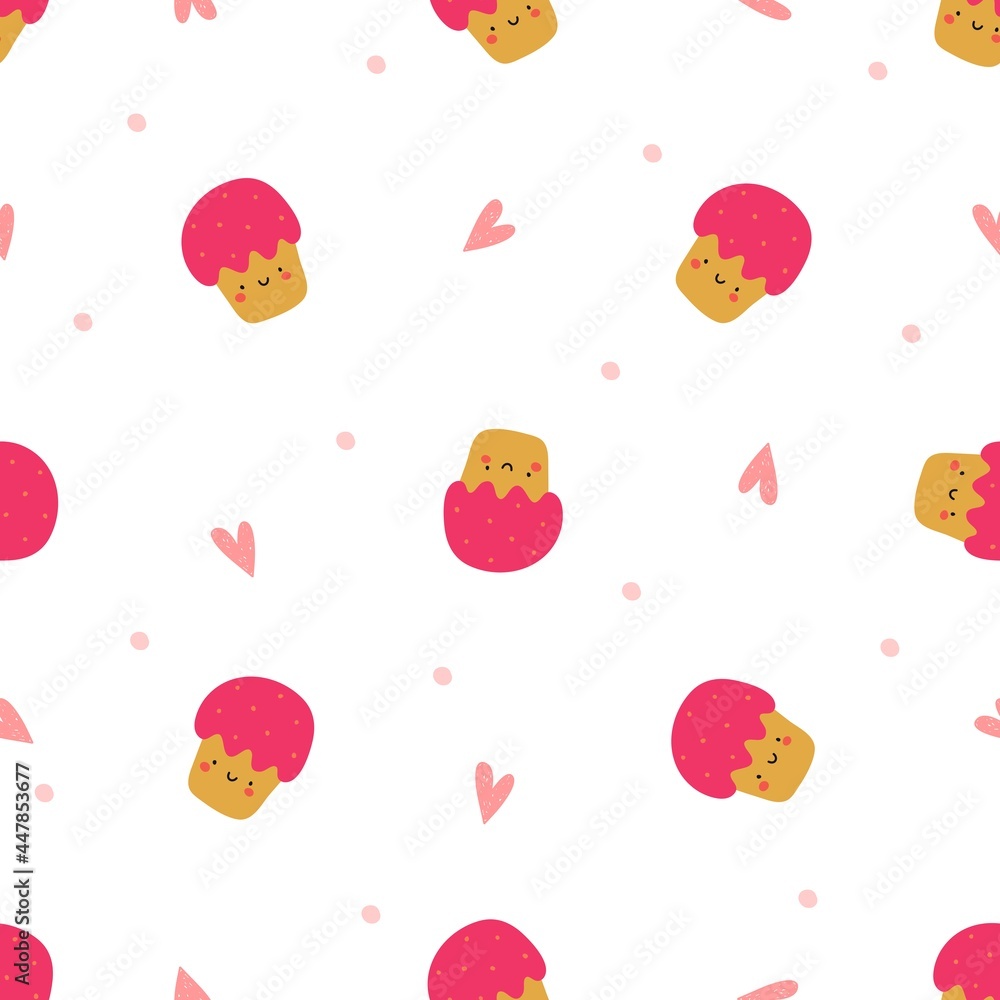 Cute cupcake, a hand-drawn seamless pattern with a cake and doodles for fabric, wrapping paper, decor, congratulations. Children's vector illustration Cute cupcake, a hand-drawn seamless pattern with a cake and doodles for fabric, wrapping paper, decor, congratulations. Children's vector illustration