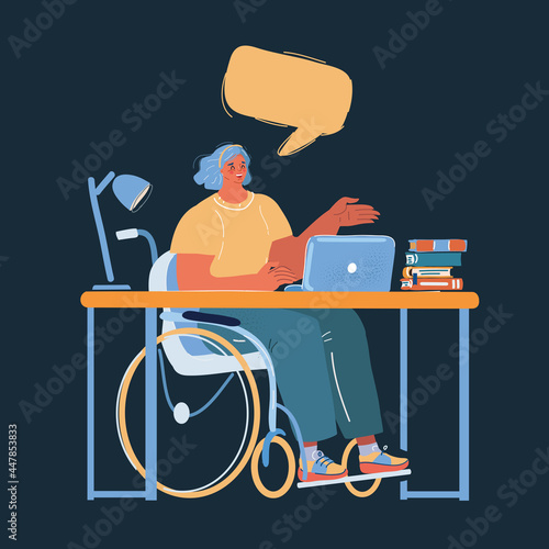 Vector illustration of woman in wheelchair work at desk. Office or home working people