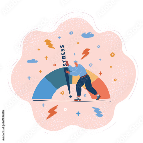 Vector illustration of man move scale of emotions approaching stress.