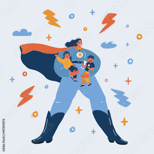 Vector illustration of superwoman hold childern.