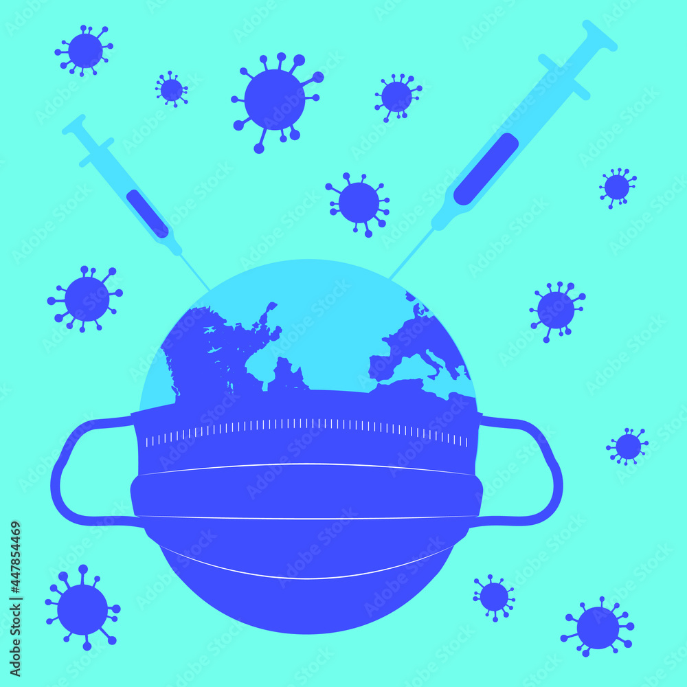 Fototapeta premium Planet earth with surgical mask and syringe with virus vaccine. Banner.