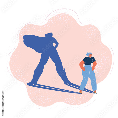Vector illustration of strong woman who feels like superwoman. Shadow of hero.