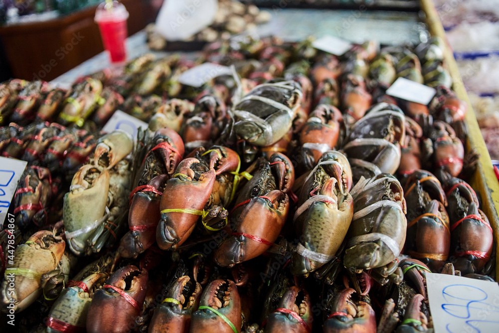 alive sea crabs tied for sale at the seafood market
