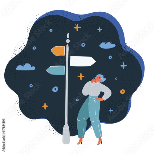 Vector illustration of woman standing at the fork in the road, choosing between career and family over dark backround.