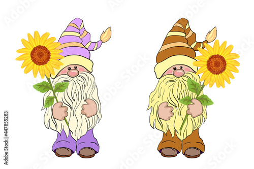 Set Gnomes with Sunflowers. Two little summer garden gnomes in funny hats. Collection of cute holidays elves with flowers for greetings card or invitation.