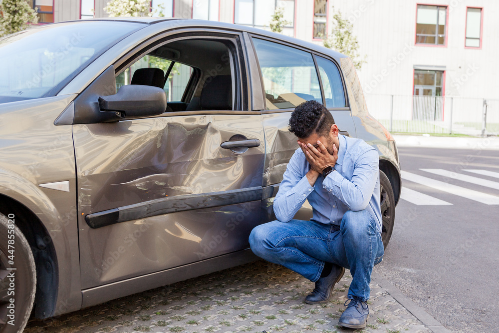 Premium Photo  Side view portrait of man wearing jeans and shirt making  photo of damaged car after auto accident photographing dents and scratches  on vehicle doors and fender outdoor shot