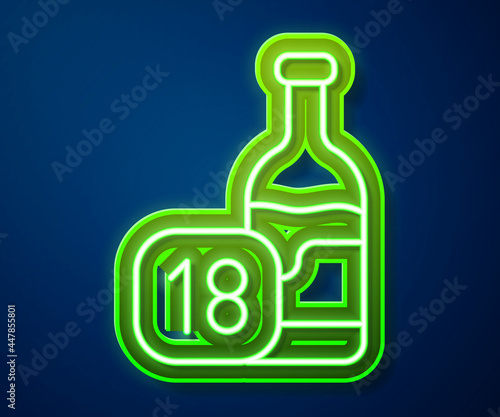 Glowing neon line Wine bottle icon isolated on blue background. Age limit for alcohol. Vector