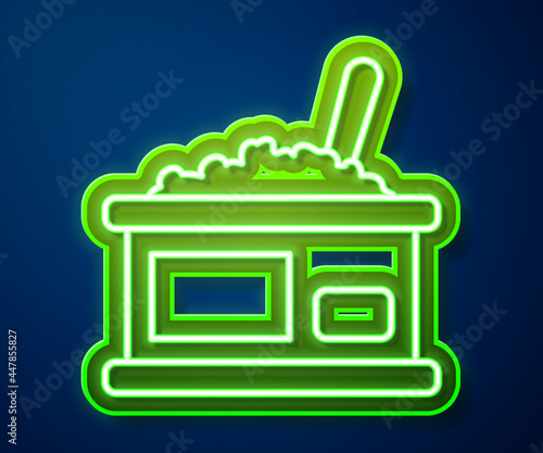 Glowing neon line Tin can with caviar icon isolated on blue background. Vector