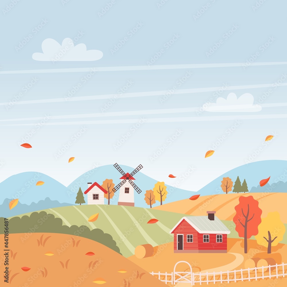 Autumn landscape with houses, trees, fields,and windmill. Countryside landscape. Vector illustration in flat style