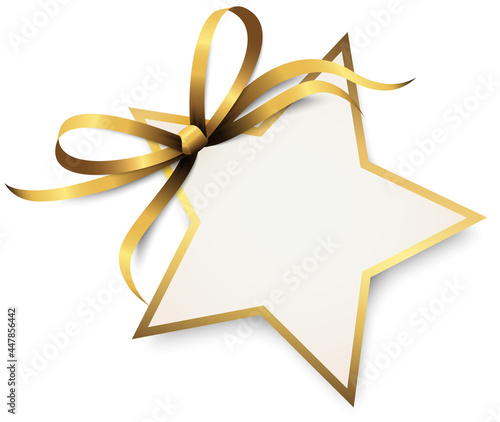 gold ribbon bow with christmas star hang tag