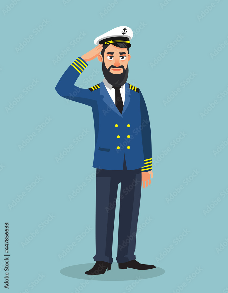 Sea captain giving salute. Male person in cartoon style. Sea captain giving salute. Male person in cartoon style.