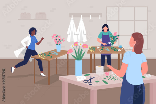 Floral workshop for doctors wellbeing flat color vector illustration. Mental health support. Creative hobby. Healthcare professionals 2D cartoon characters with floral arrangement class on background